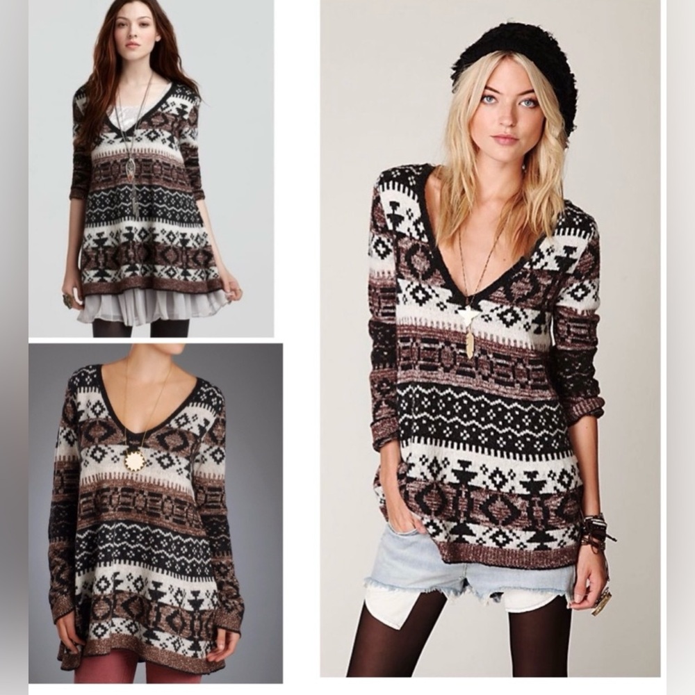 FREE PEOPLE Fair Isle Cabin Fever Sweater Tunic Wool Blends Long Nordic Geo Knit